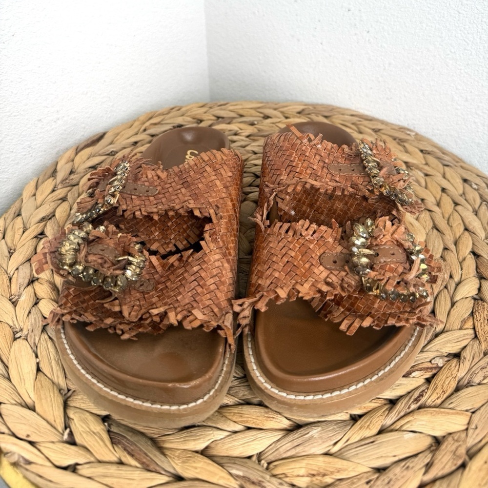 NEW Coral Blue Sandal Anthro Raffia Jeweled Leather Sandals Brown Woven Slide - Picture 2 of 7